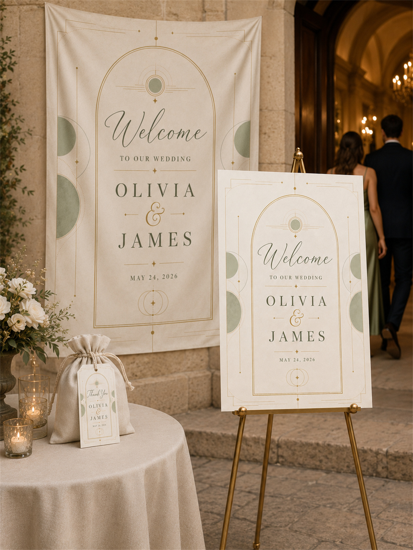 The geometric arch design in sage green and soft gold wedding decorations - a romantic and elegant wedding - customizes names and dates